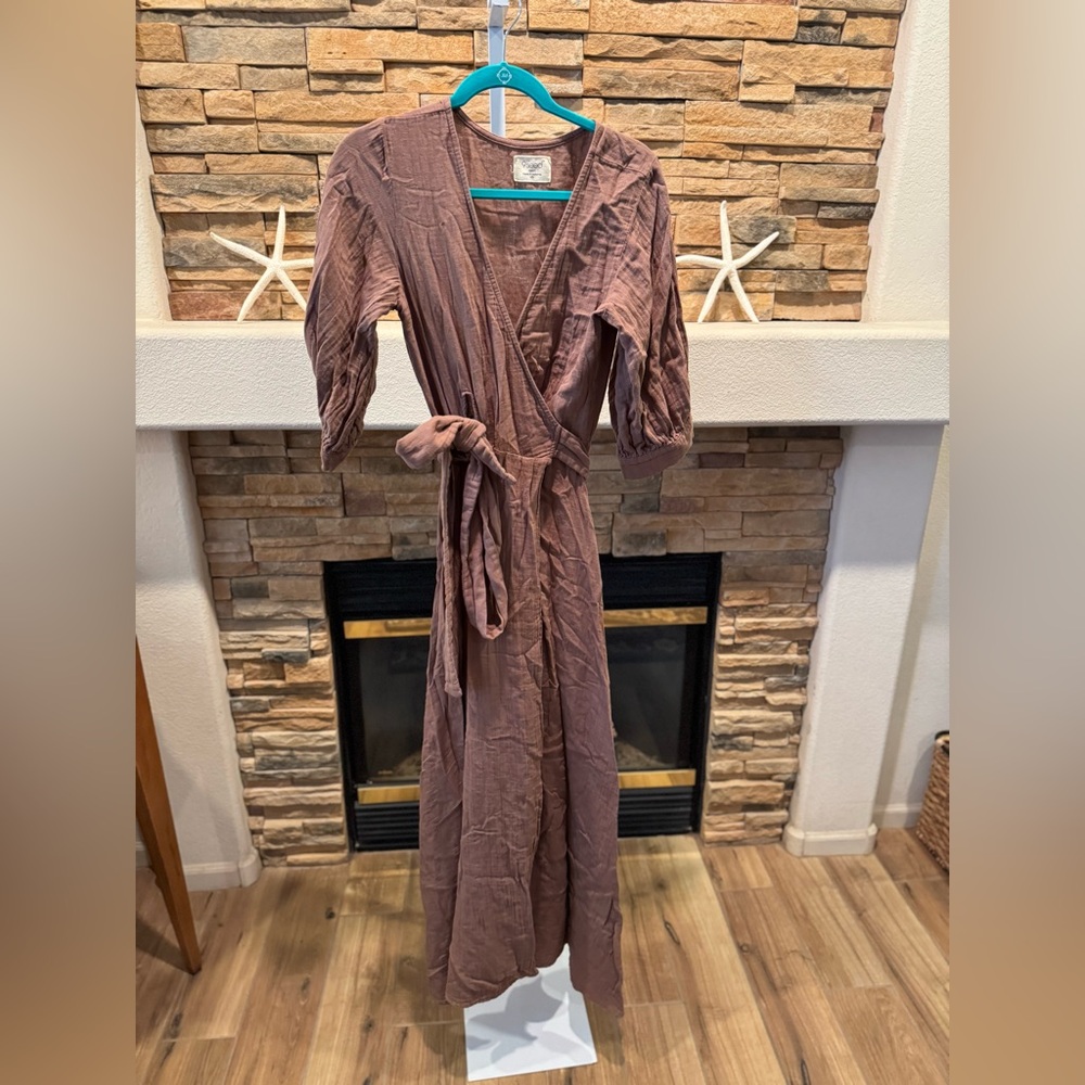 Elegant Long Sleeve Wrap Dress in Brown 9Seed resort style wear.